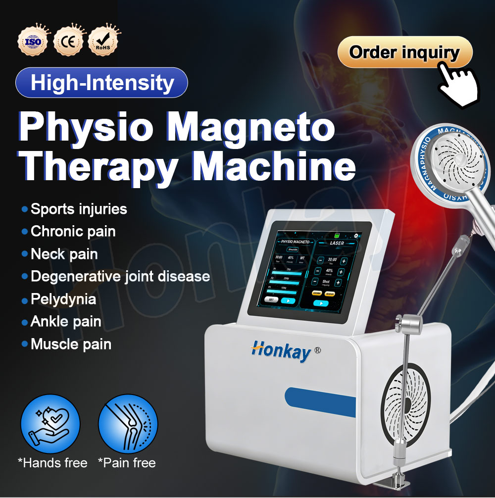 High-intensity physio magneto console with touchscreen control, standard joint applicator on its support arm and compact tabletop footprint