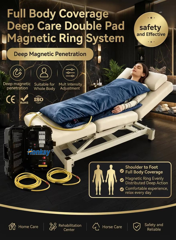 Full body coverage double pad magnetic ring system with deep magnetic penetration, suitable for whole body and multi intensity adjustment, CE, RoHS and ISO markings, covering home care, rehabilitation centre and horse care