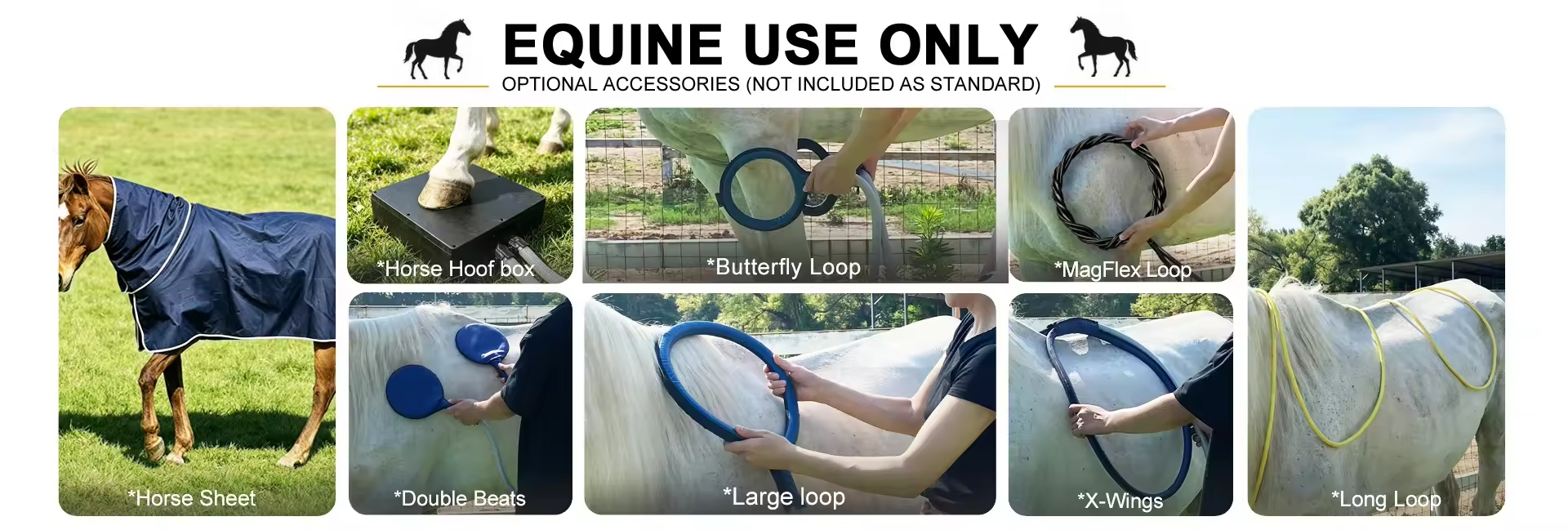 Equine use only PEMF accessory set - horse sheet, hoof box, double beats, butterfly loop, large loop, MagFlex loop, X-Wings and long loop