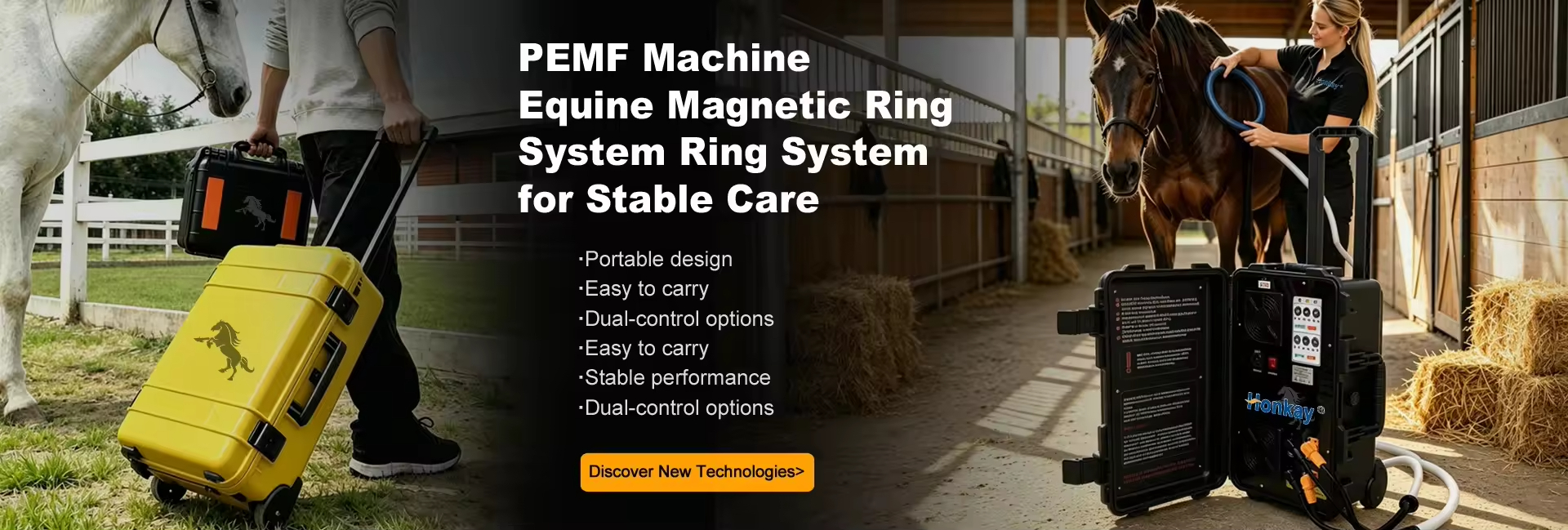 Equine PEMF magnetic ring system for stable care - portable case taken to the horse in a stable aisle