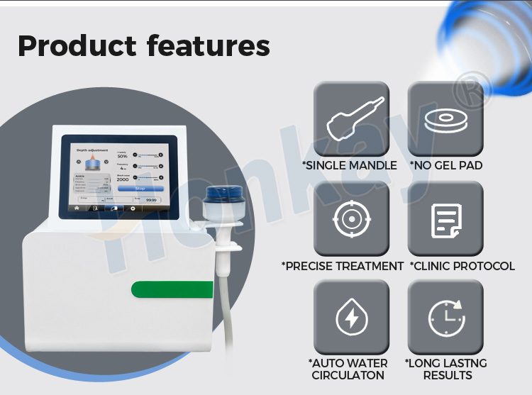 Product features of the focused shockwave machine: a single handpiece, no gel pad required, precise treatment, built-in clinic protocol, automatic water circulation and long-lasting results