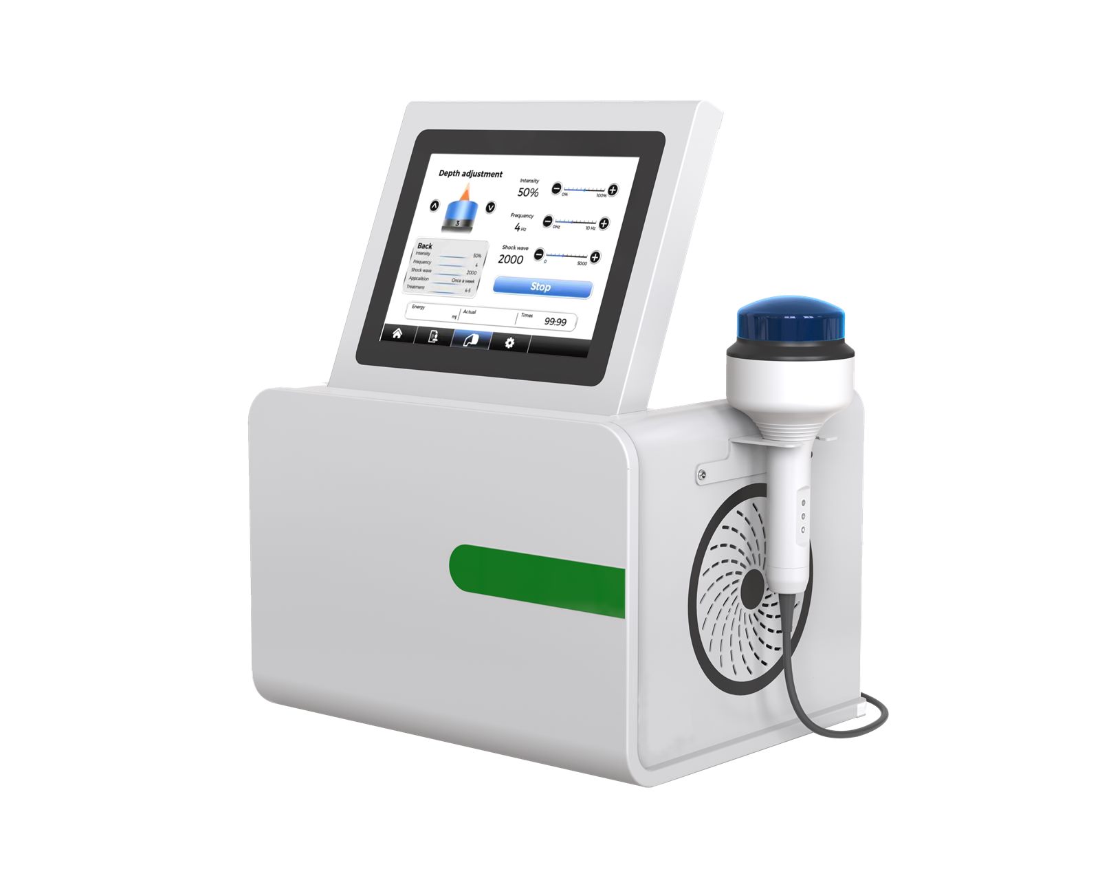 Honkay HKS-39 electromagnetic focused shockwave therapy machine with 10.4-inch touch screen showing depth adjustment
