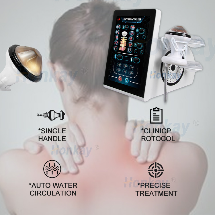 Focused shockwave unit being used on a neck, shown with its feature set: single handpiece, clinic protocol, automatic water circulation and precise treatment