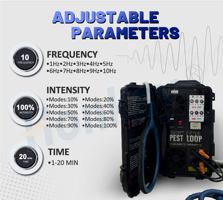 Adjustable parameters on the PEMF machine: frequency from 1 to 10 Hz in 1 Hz steps, intensity from 10 to 100 percent in 10 percent modes, and treatment time from 1 to 20 minutes