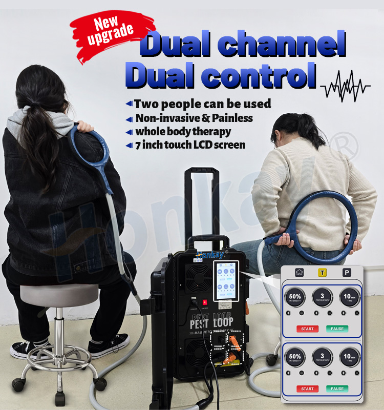 PEMF dual channel dual control device treating two patients at the same time with independent control panels
