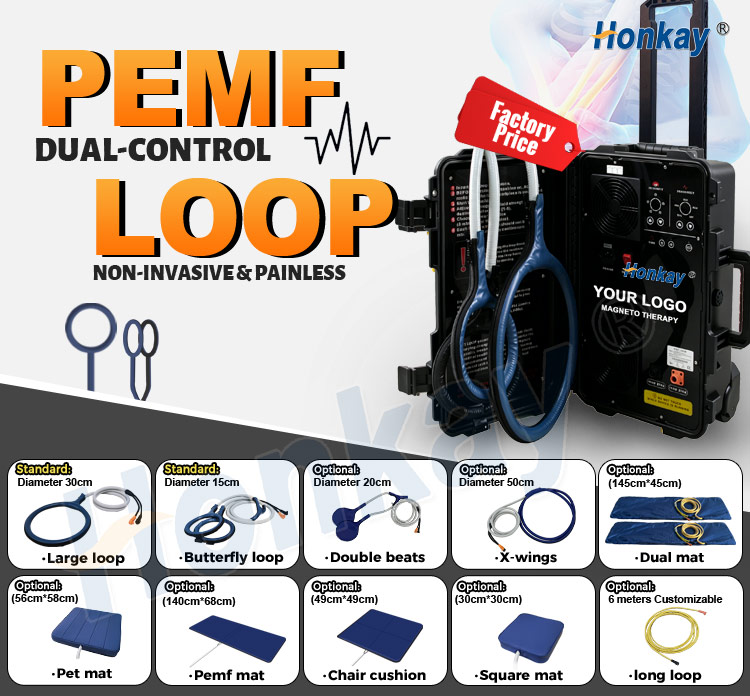 PEMF dual control loop accessory set with dimensions - large loop 30cm, butterfly loop 15cm, double beats 20cm, X-wings 50cm, dual mat 145x45cm, PEMF mat 140x68cm, chair cushion 49x49cm, square mat 30x30cm, long loop 6m