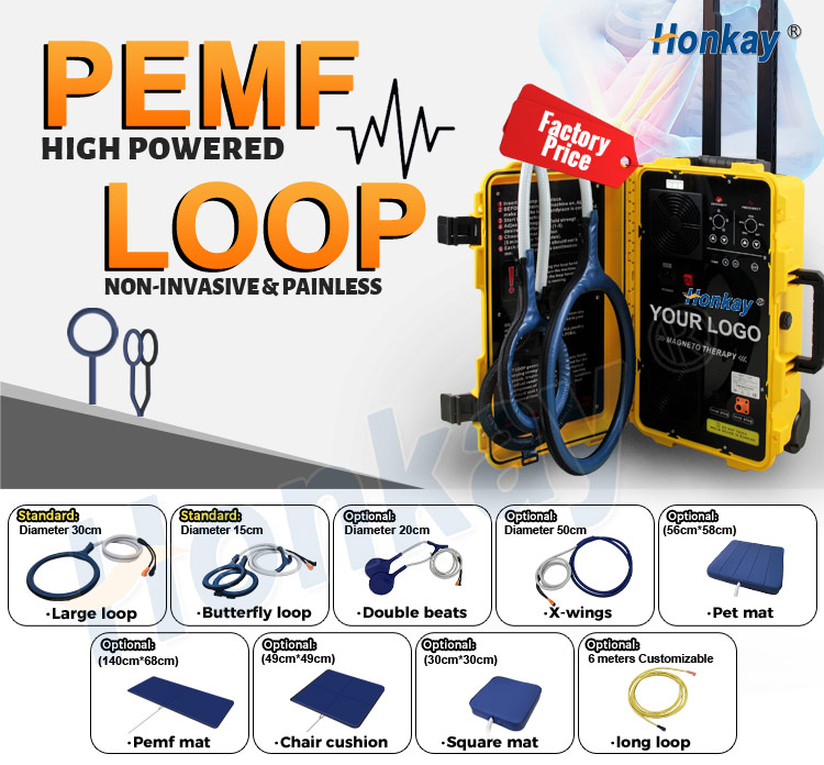 PEMF loop accessory set with dimensions showing the standard 30 cm large loop and 15 cm butterfly loop plus optional double beats, X-wings, mats, cushions and a 6 metre long loop
