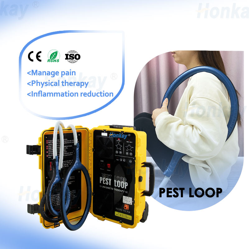 Portable PEMF loop applied to a patient's lower back with the machine's CE, RoHS and ISO markings and its stated applications of pain management, physical therapy and inflammation reduction