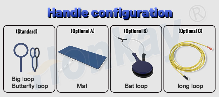 Handle configuration options for the PEMF loop machine: the standard set of big loop and butterfly loop, an optional mat, an optional bat loop and an optional long loop