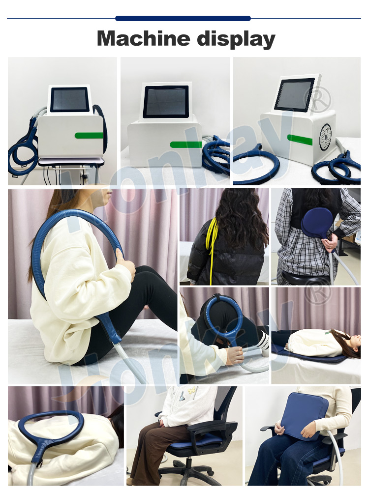 Machine display for the PEMF loop system showing the console from several angles alongside treatment photographs: loop application to knee and shoulder, a mat session, and seated treatment positions