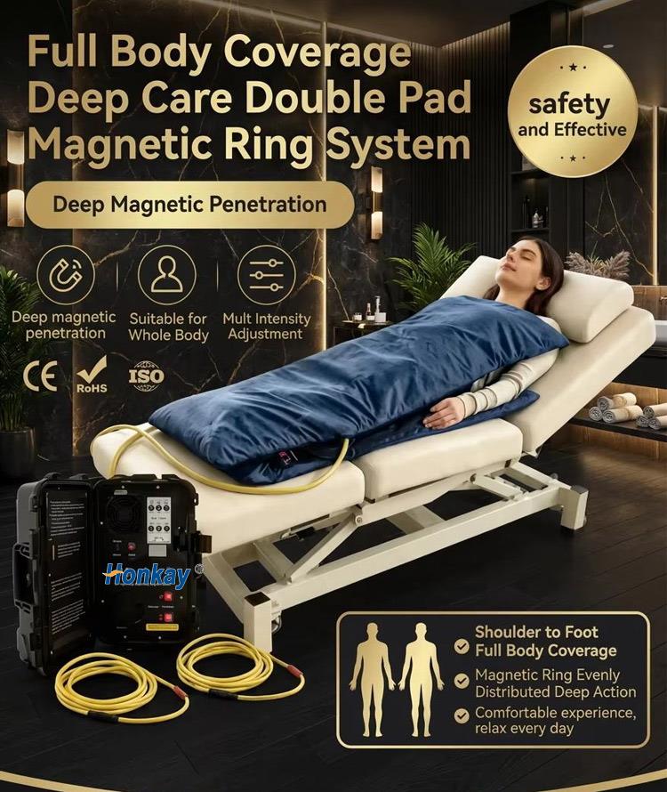 Full body coverage double pad magnetic ring system shown with its coverage, whole-body suitability and intensity adjustment features, and a shoulder-to-foot coverage diagram