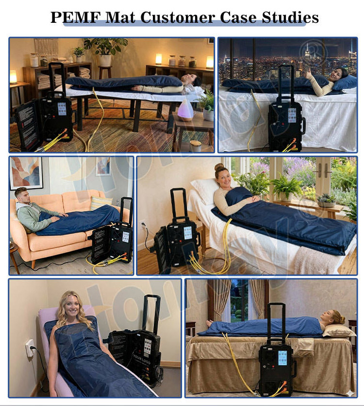 Customer case studies of PEMF mat installations in living rooms, bedrooms and treatment rooms, each with the portable control unit positioned beside the mat