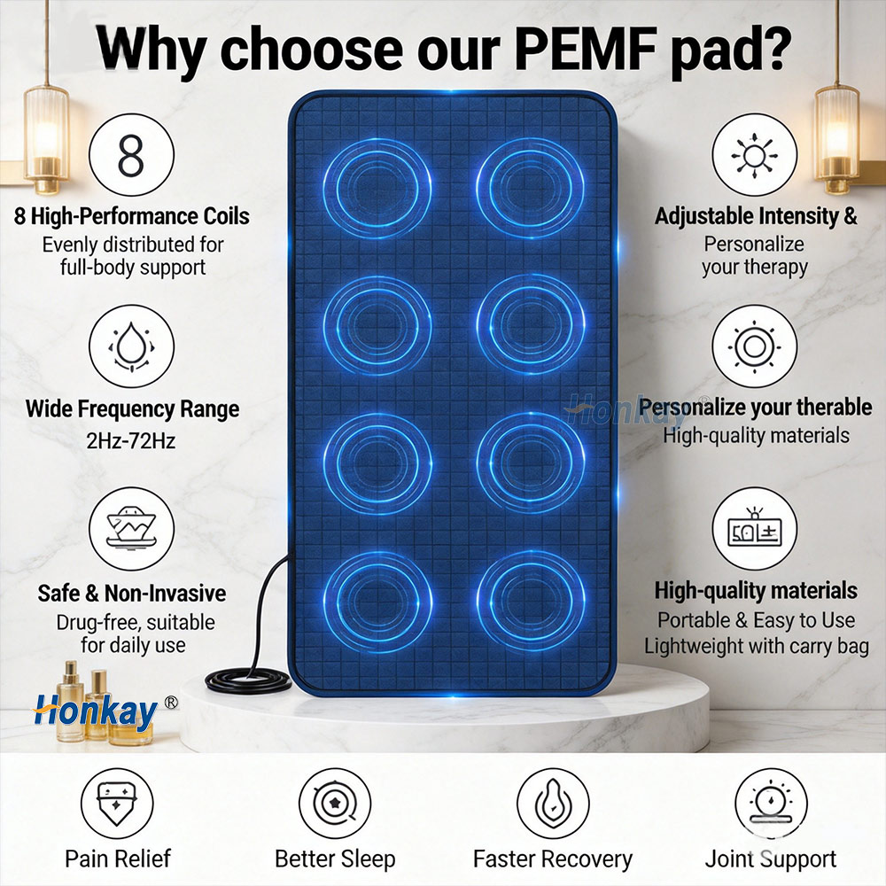 PEMF therapy mat with 8 distributed coils and an adjustable 2-72 Hz frequency range
