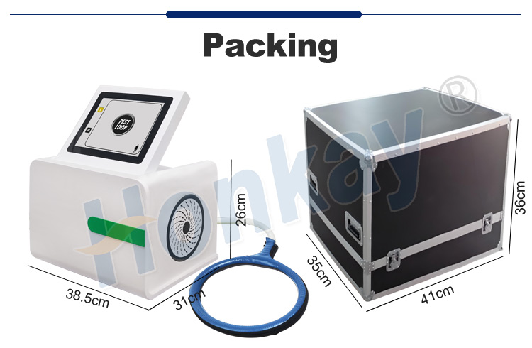 Packing drawing for the PEMF loop machine showing the console at 38.5 cm wide and 26 cm high, the loop applicator at 31 cm, and the transport case measuring 35 cm by 41 cm by 36 cm