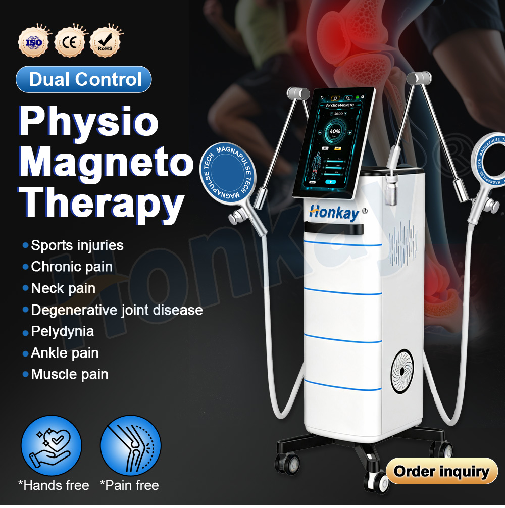 Physio Magneto dual control machine with ISO, CE and RoHS markings and its stated applications including sports injuries, chronic pain, neck pain, degenerative joint disease and muscle pain