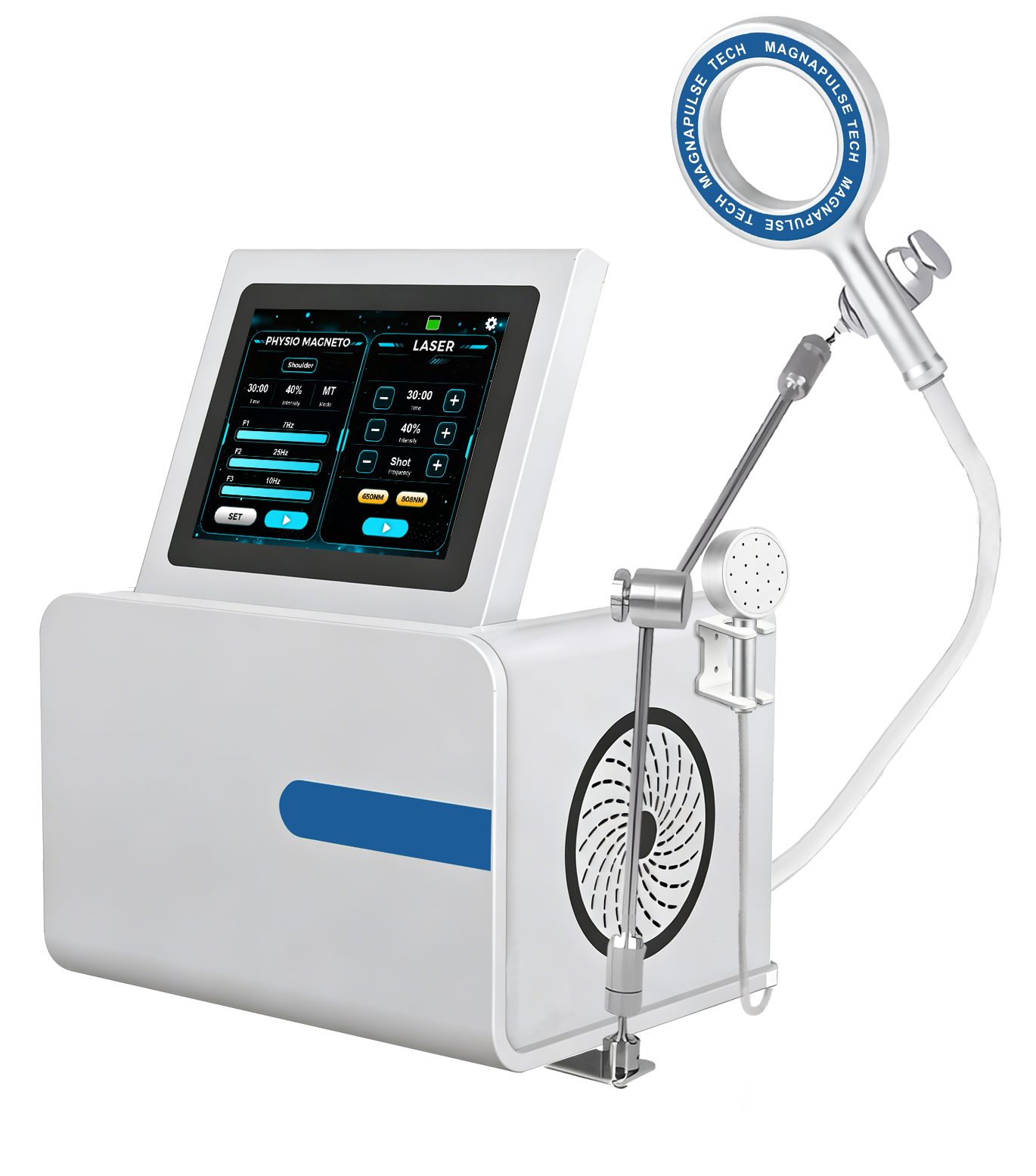 Physio magneto PEMF therapy machine with ring applicator and laser handpiece