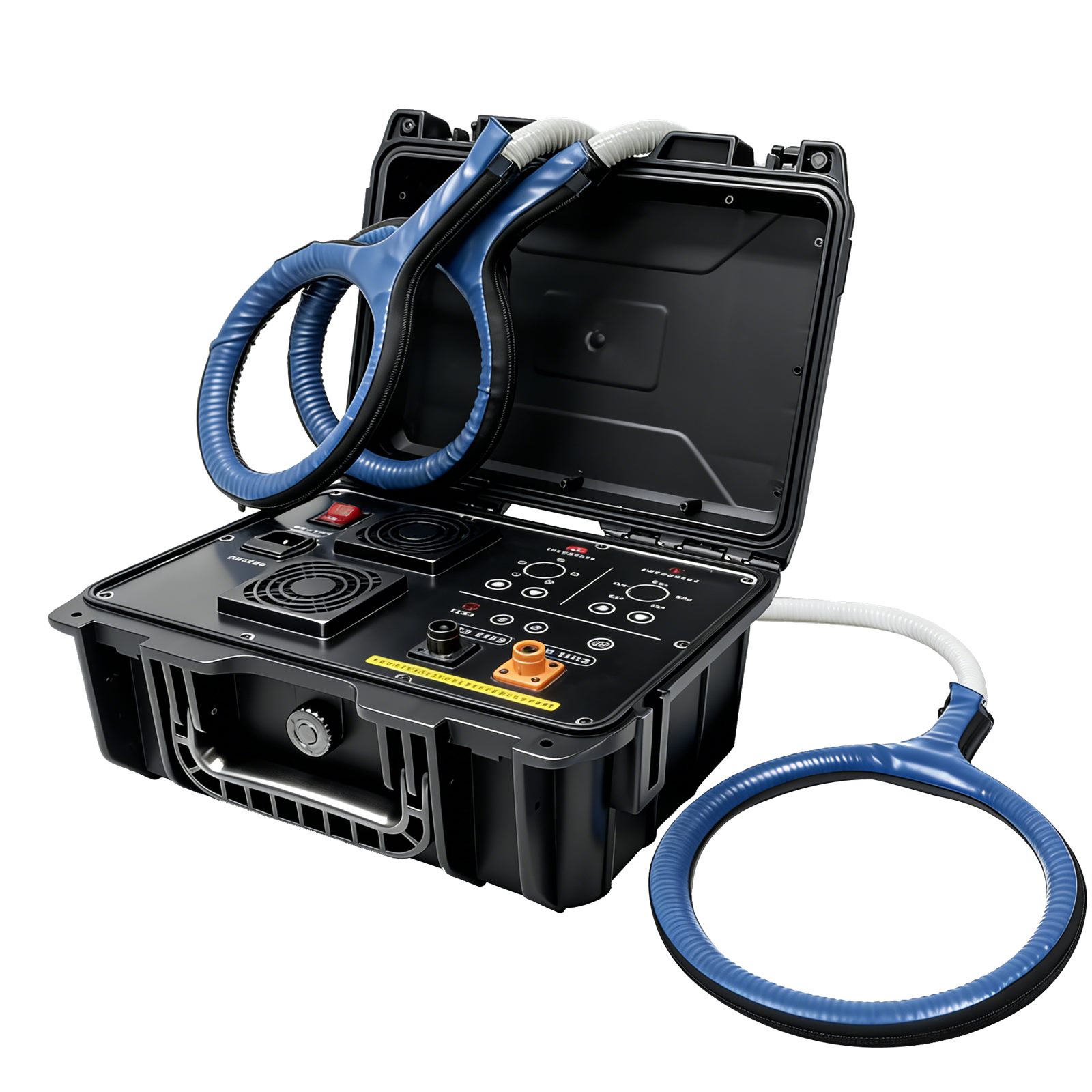Portable PEMF loop therapy system with large loop and butterfly loop applicators in a transport case