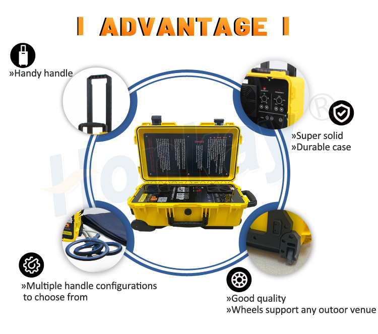Portable PEMF machine case showing the telescopic handle, rigid durable shell, multiple handle configurations and wheels for outdoor use