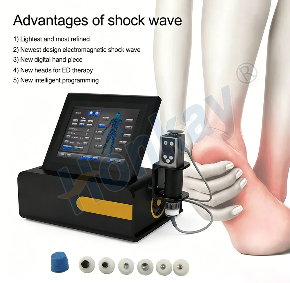 Advantages of shockwave therapy shown as five points including a new digital handpiece and new heads for ED therapy, with the black and gold console and a set of seven work heads laid out below it