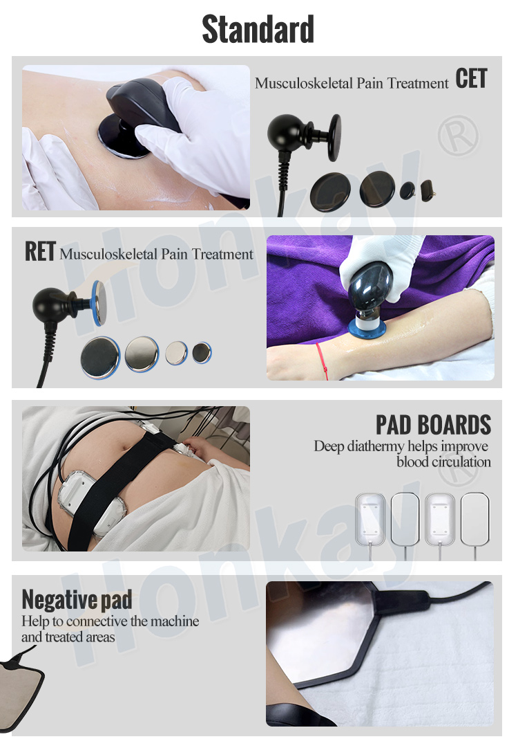 TECAR therapy machine standard configuration: CET and RET musculoskeletal pain treatment electrodes shown with their diameters, strap-mounted pad boards for deep diathermy, and the negative return plate with hand, elbow, foot and knee application photographs