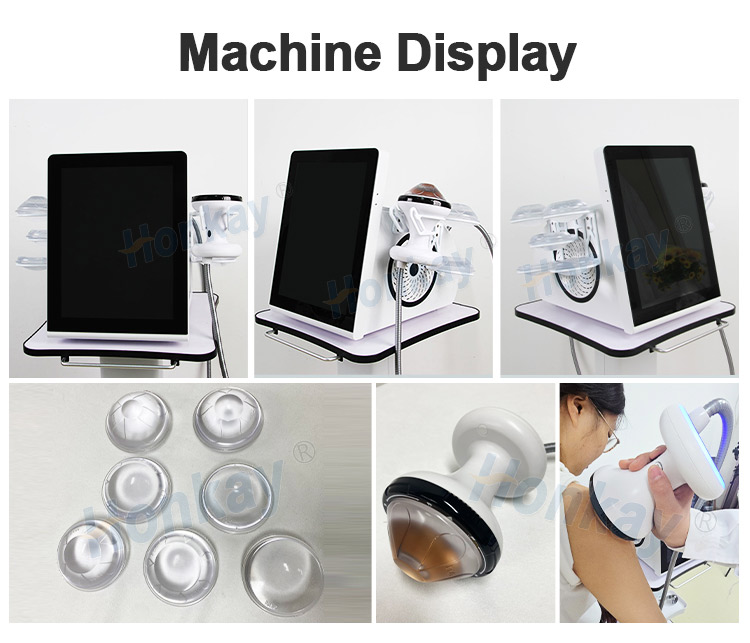 Machine display views from three angles, the seven silicone pads laid out, a handpiece close-up and a clinician holding the applicator