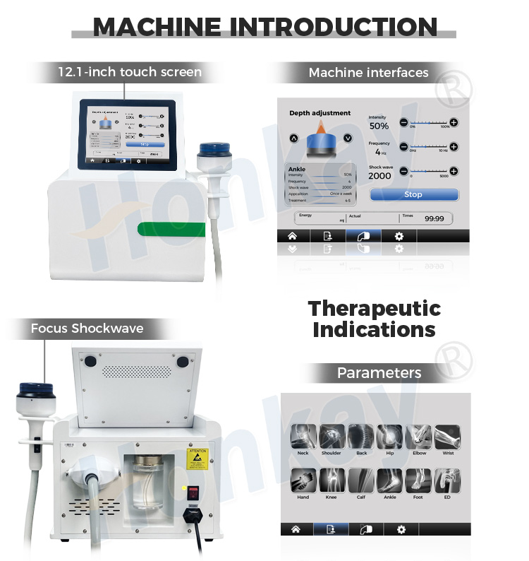 Machine introduction panel for focused shockwave equipment for physical therapy, showing the touchscreen, the control interface with depth, intensity, frequency and shock count, the water circulation circuit and a grid of treatment areas