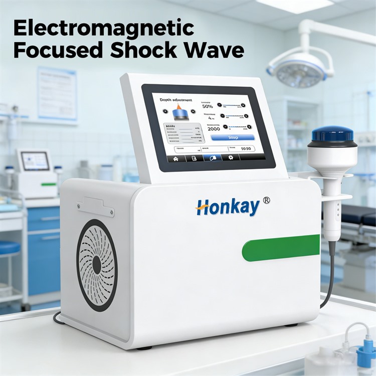 Electromagnetic focused shockwave unit in a treatment room, with the touchscreen showing depth adjustment, intensity, frequency and shock-wave count, and the handpiece holstered with its water circuit