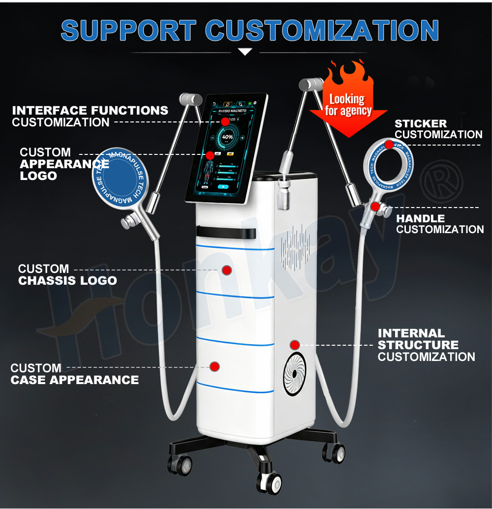 PEMF therapy console customization options showing interface, appearance, logo, chassis, handle and internal structure customization points labelled on the unit