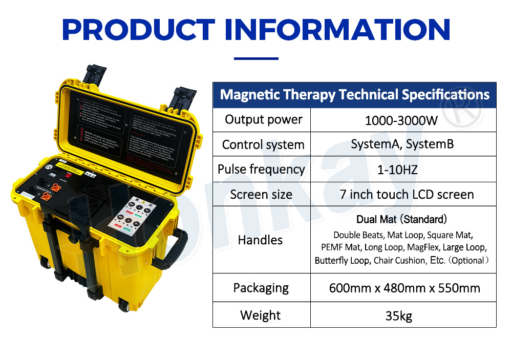 Product information table listing 1000 to 3000 W output power, System A and System B control, 1 to 10 Hz pulse frequency, a 7 inch touch LCD, dual mat as standard with optional loops and cushions, packaging of 600 by 480 by 550 mm and a weight of 35 kg