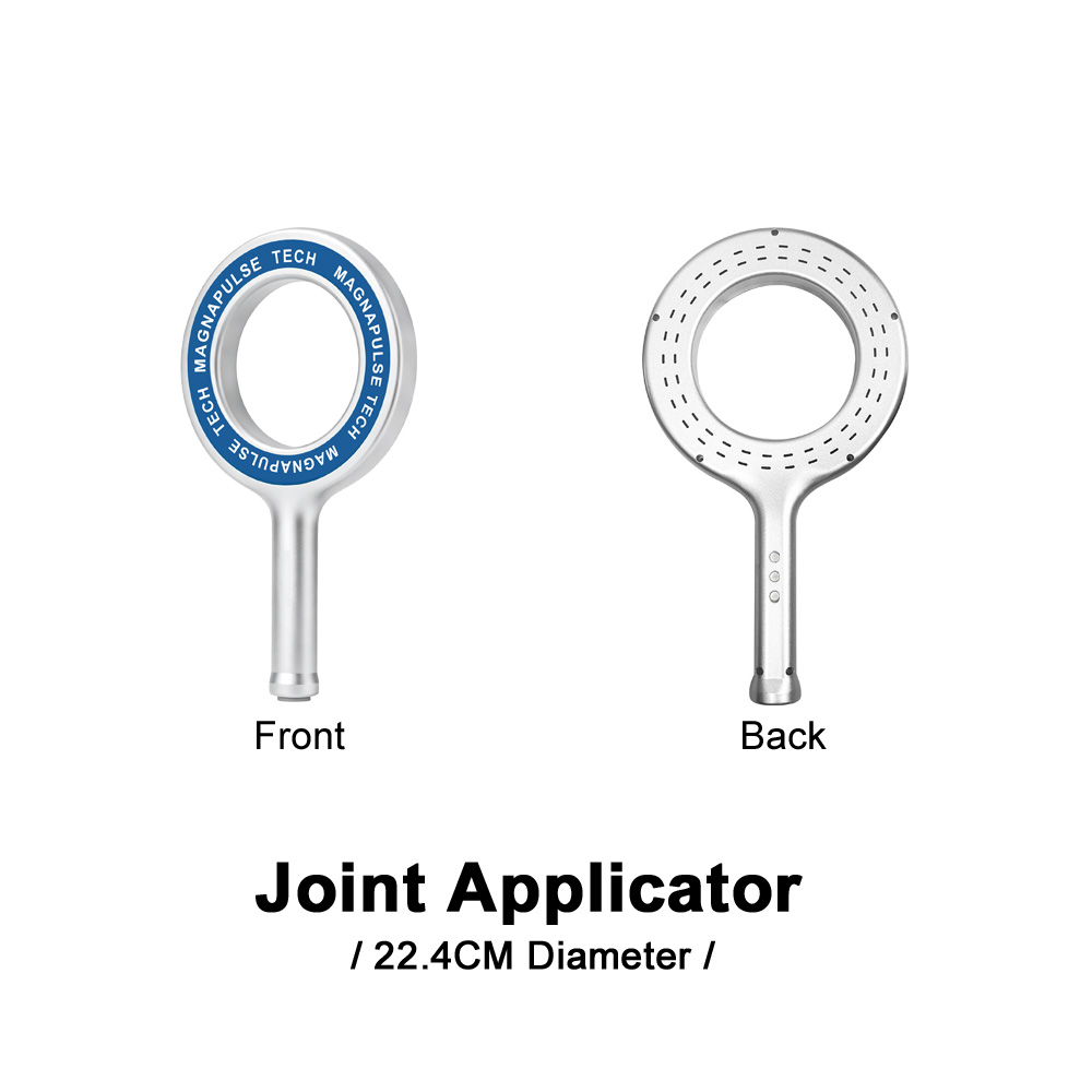 Joint applicator for a pulsed magnetic field therapy device shown front and back, with its 22.4 cm ring diameter marked