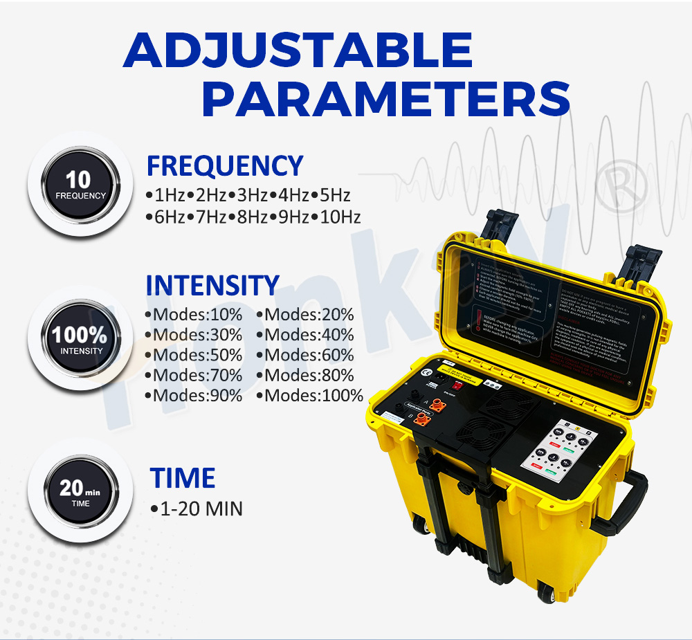 Parameter diagram showing 1 to 10 Hz frequency steps, ten intensity steps from 10 to 100 percent, and a 1 to 20 minute timer beside the open driver case