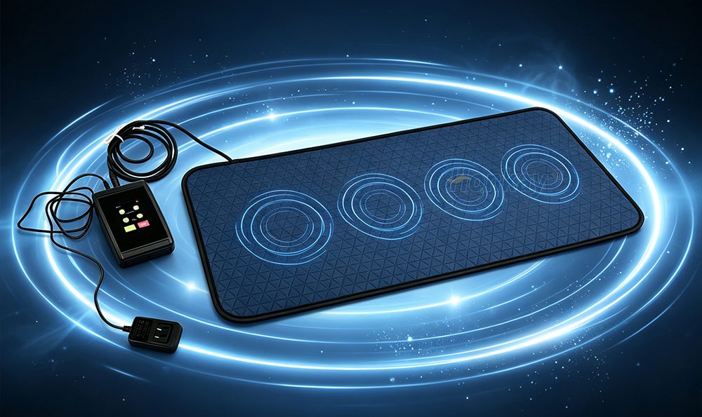 PEMF therapy mat laid flat with its control unit connected by cable and the power adapter at the end