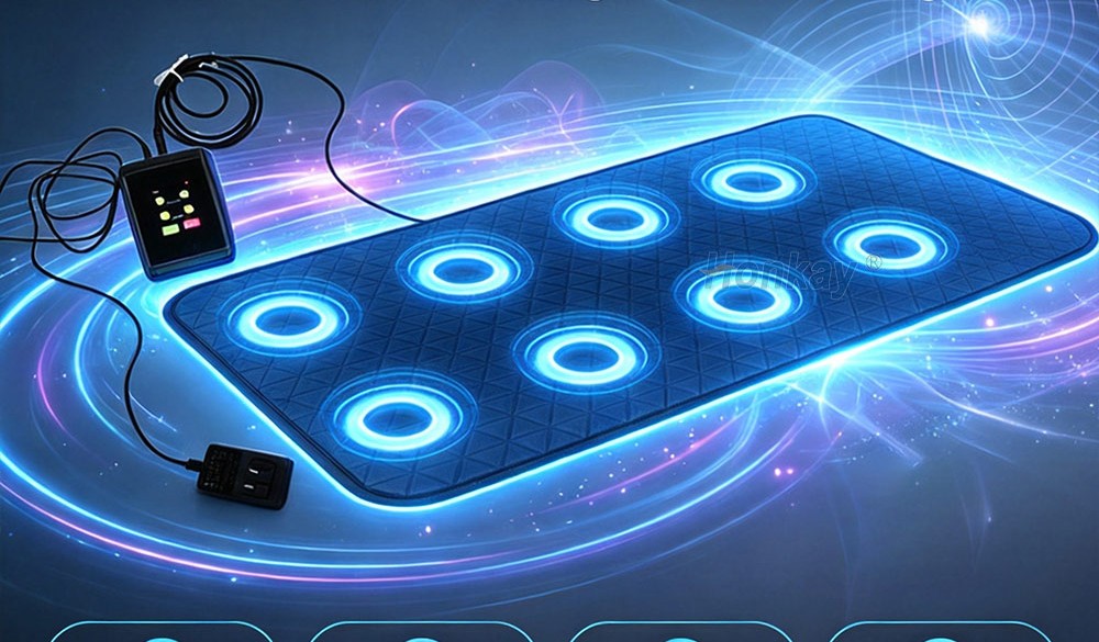 PEMF therapy pad with the control unit and adapter cable laid out beside it on a flat surface