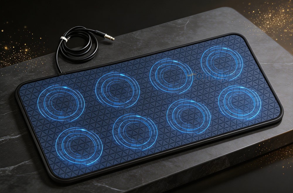 Eight-coil PEMF therapy mat photographed on a marble table with its connection cable coiled at the top