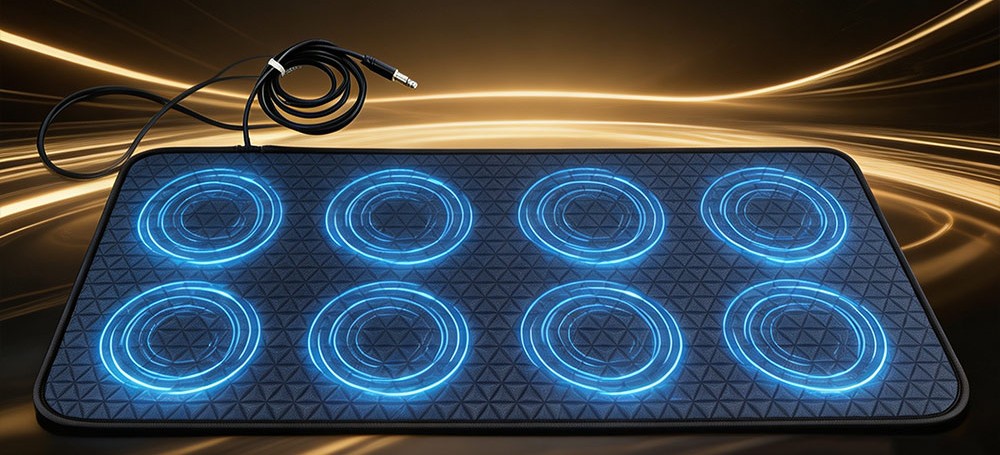 PEMF therapy mat with its connection cable coiled neatly above the pad