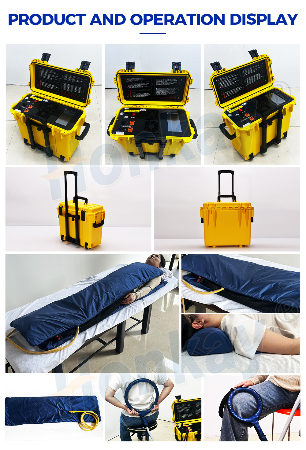 Product display showing the closed and open case, the dual mats laid out on a couch, and loop applicators used around the waist and knee