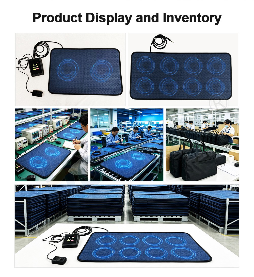 PEMF therapy mats on an assembly line with carry bags and boxed stock in the factory