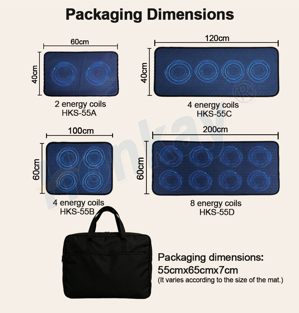 Four PEMF therapy mat sizes laid flat with dimension lines and their coil counts, with the carrying bag below