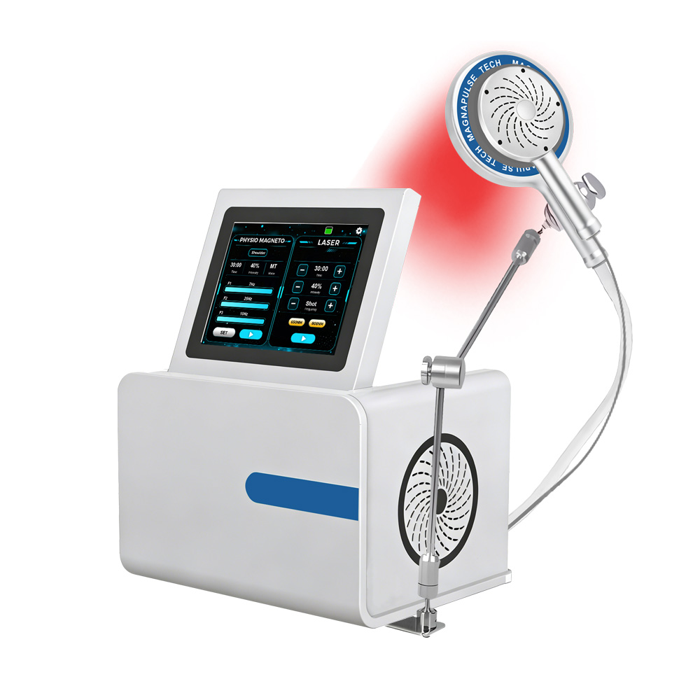 Tabletop PEMF console with its touchscreen control panel and adjustable holding arm, shown with the applicator mounted and the control interface visible