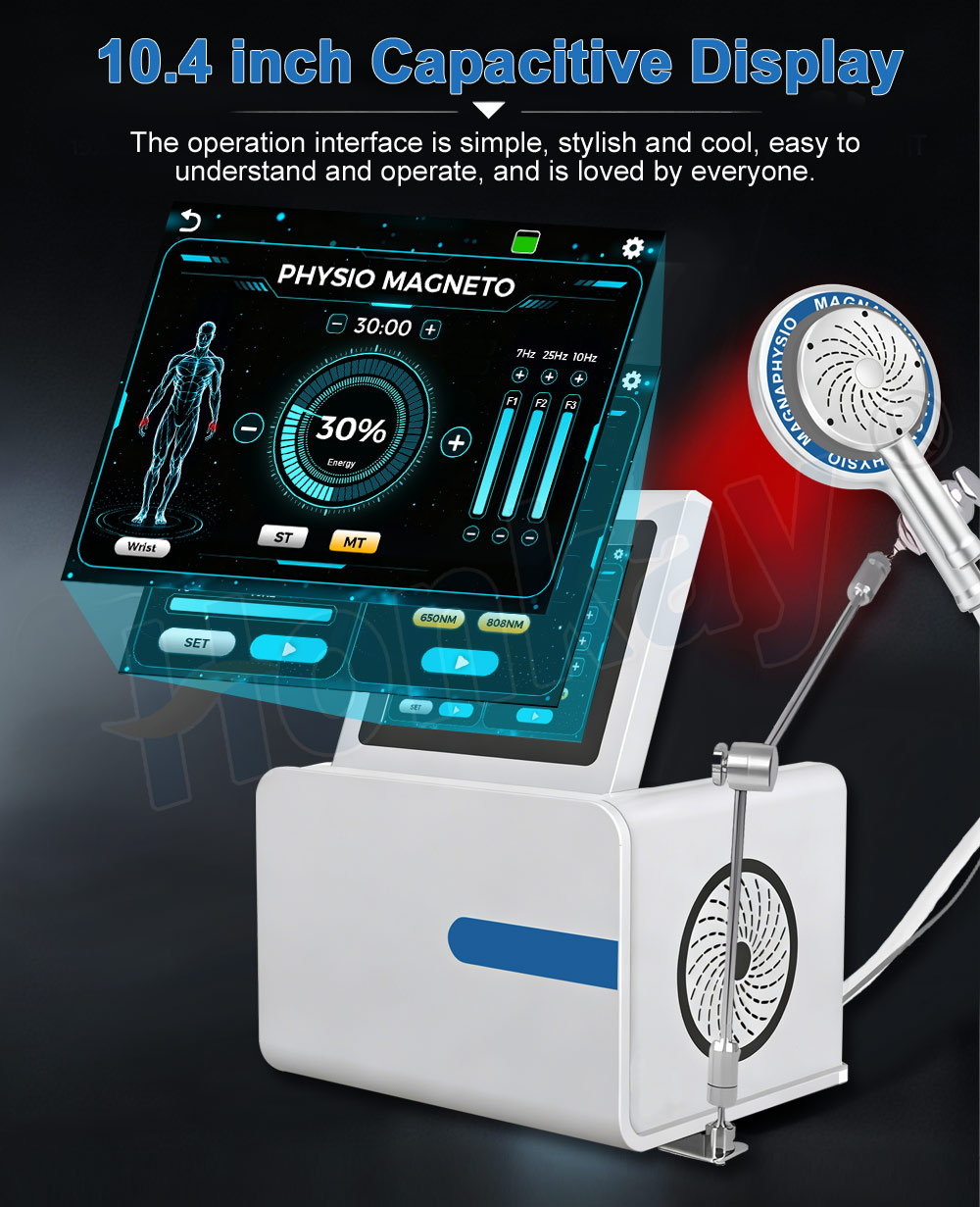 10.4 inch touchscreen of the Physio Magneto therapy machine showing the timer, energy percentage, three frequency presets and the ST and MT mode buttons