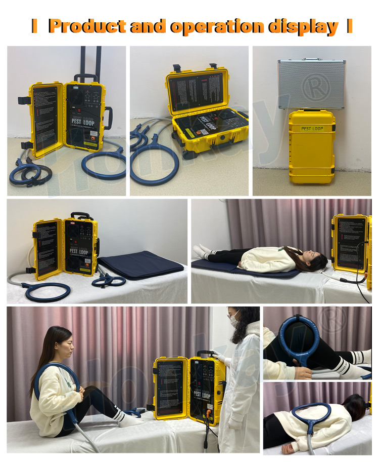 Portable PEMF machine home treatment setup and operation, shown as a collage of the unit in its wheeled case, standing, on a table with a mat, and a person reclining with a loop held over the abdomen and knee while the panel is adjusted