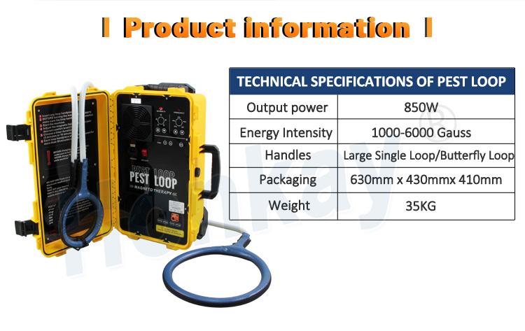 Portable PEMF machine technical specification panel listing output power, energy intensity, applicator types, packed dimensions and weight