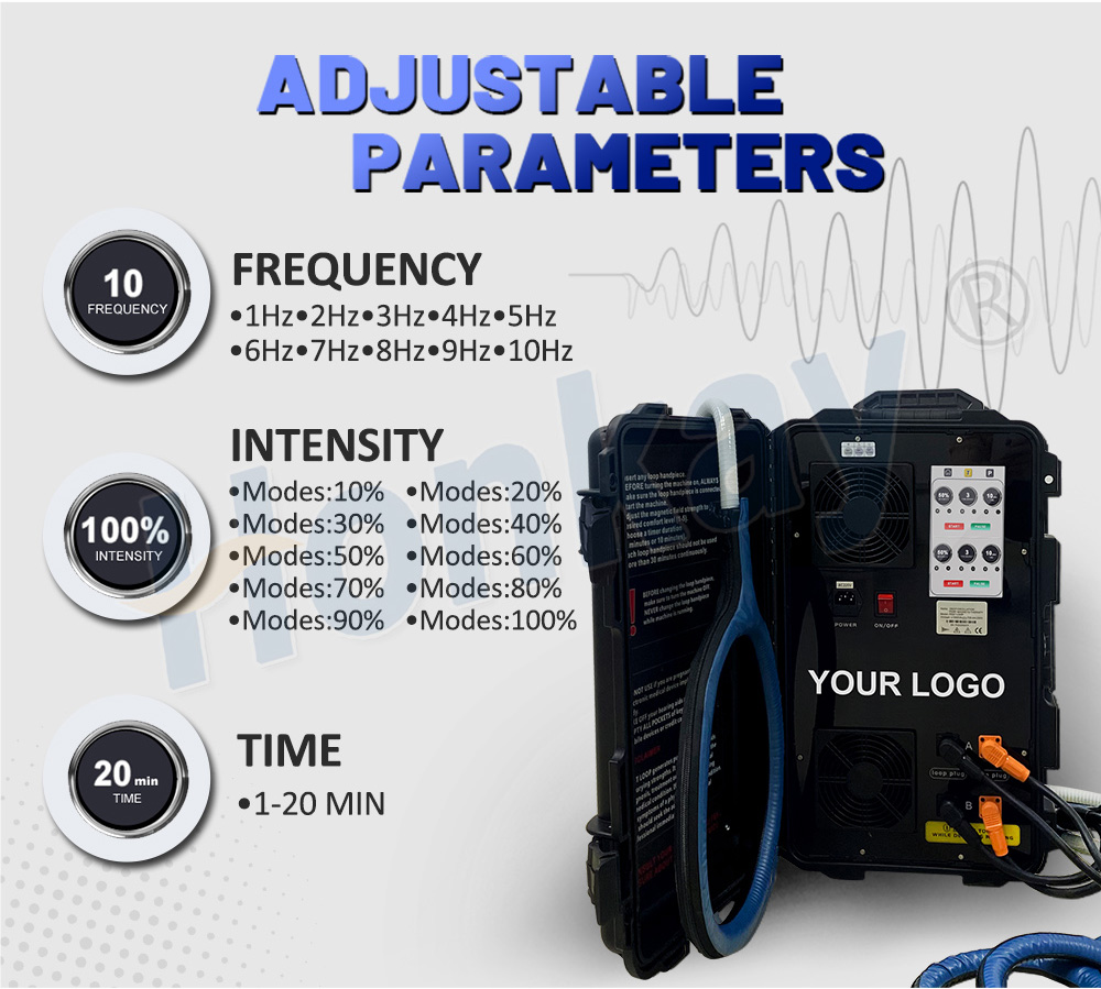 Adjustable parameter panel on a PEMF portable unit, showing the frequency, intensity and time controls beside the open case and its loop applicator