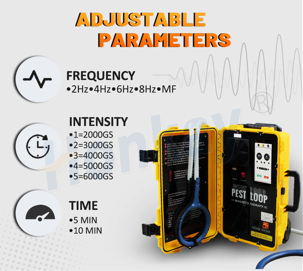 Adjustable parameter panel on a portable PEMF unit showing the frequency steps, five intensity levels in gauss and a 5 or 10 minute timer