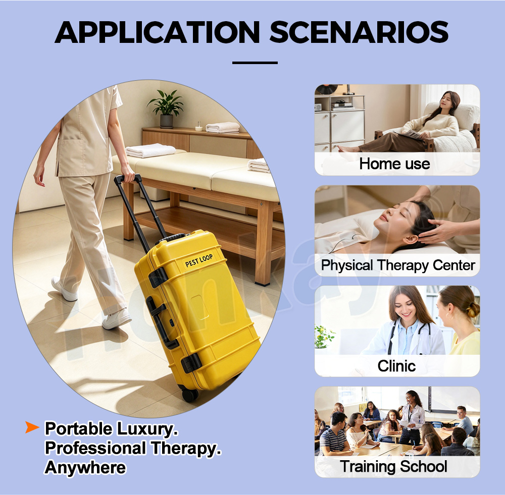 Application scenarios for a portable PEMF unit: a therapist wheeling the yellow case, with inset photos of home use, a physical therapy centre, a clinic and a training school