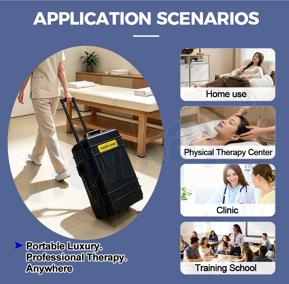 Portable PEMF unit application scenarios: a therapist wheeling the case into a treatment room, with inset photos labelled home use, physical therapy centre, clinic and training school