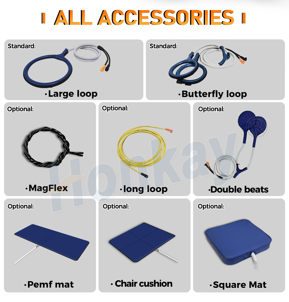 Portable PEMF applicator set: large loop and butterfly loop as standard, with optional MagFlex, long loop, double beats, PEMF mat, chair cushion and square mat