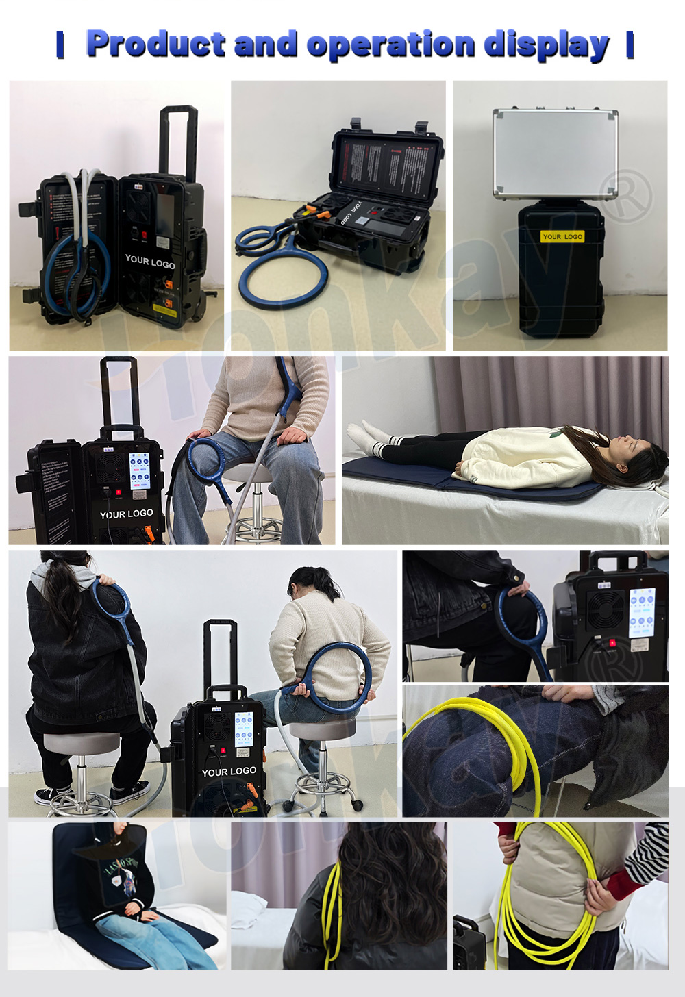 Portable PEMF unit operation display collage: the case open with two loop applicators connected, the case standing and lying flat, a person seated with a loop over the shoulder, a person lying on a treatment mat, and loops applied to a leg, back and waist
