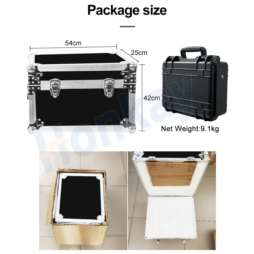 Case dimensions of 54 by 42 by 25 cm and a net weight of 9.1 kg, with the unit shown packed inside its carton