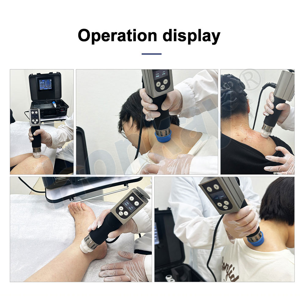 Practitioner delivering shockwave treatment with the handpiece on a patient's shoulder, foot and neck in a clinic setting